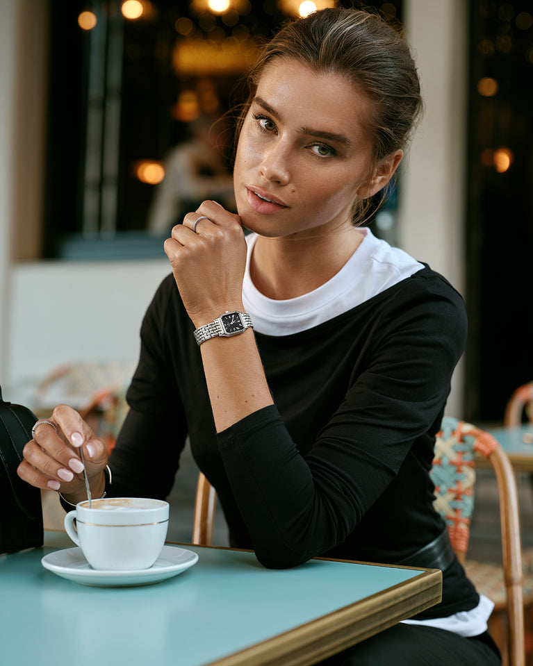 A square womens watch in silver plated 316L stainless steel from Waldor & Co. with black Diamond Cut Sapphire Crystal glass dial. Seiko movement. The model is Eternal 22 Bellagio