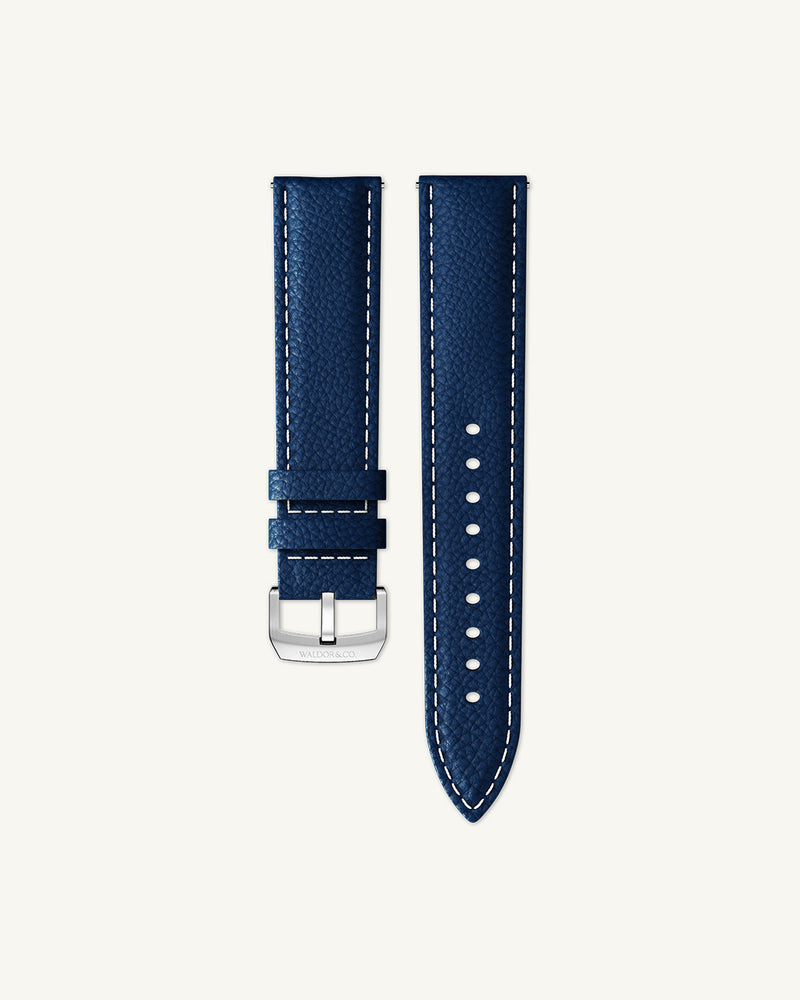 Blue Leather strap 20mm with white seam details and adjustable tang buckle, suitable for all wrist sizes. 