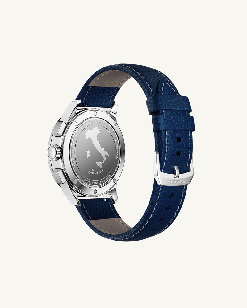 Blue Leather strap 20mm with white seam details and adjustable tang buckle, suitable for all wrist sizes. 