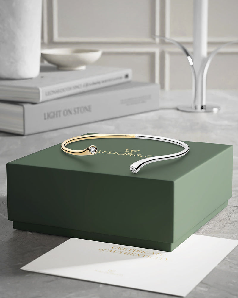 A polished stainless steel bangle in 14k gold from Waldor & Co. One size. The model is Delight Bangle.