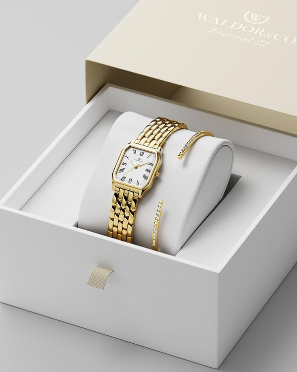 lifestyle_image,A square womens watch in 22k gold plated 316L stainless steel from Waldor & Co. with white Diamond Cut Sapphire Crystal glass dial. Seiko movement. The model is Eternal 22 Bellagio